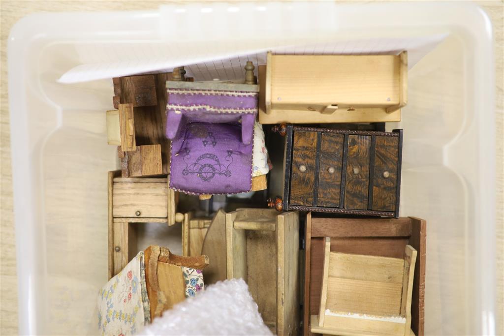 An assortment of dolls house furnishings and effects, ornaments, paintings and two etchings including three framed